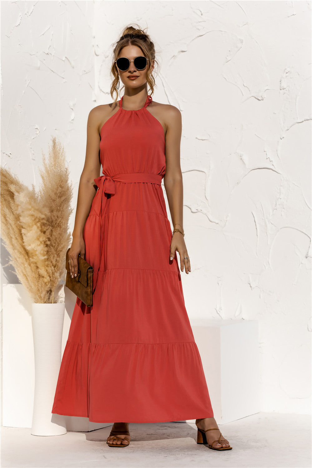 Honeybee Mumford's Halter Neck Tie Waist Tiered Maxi Dress