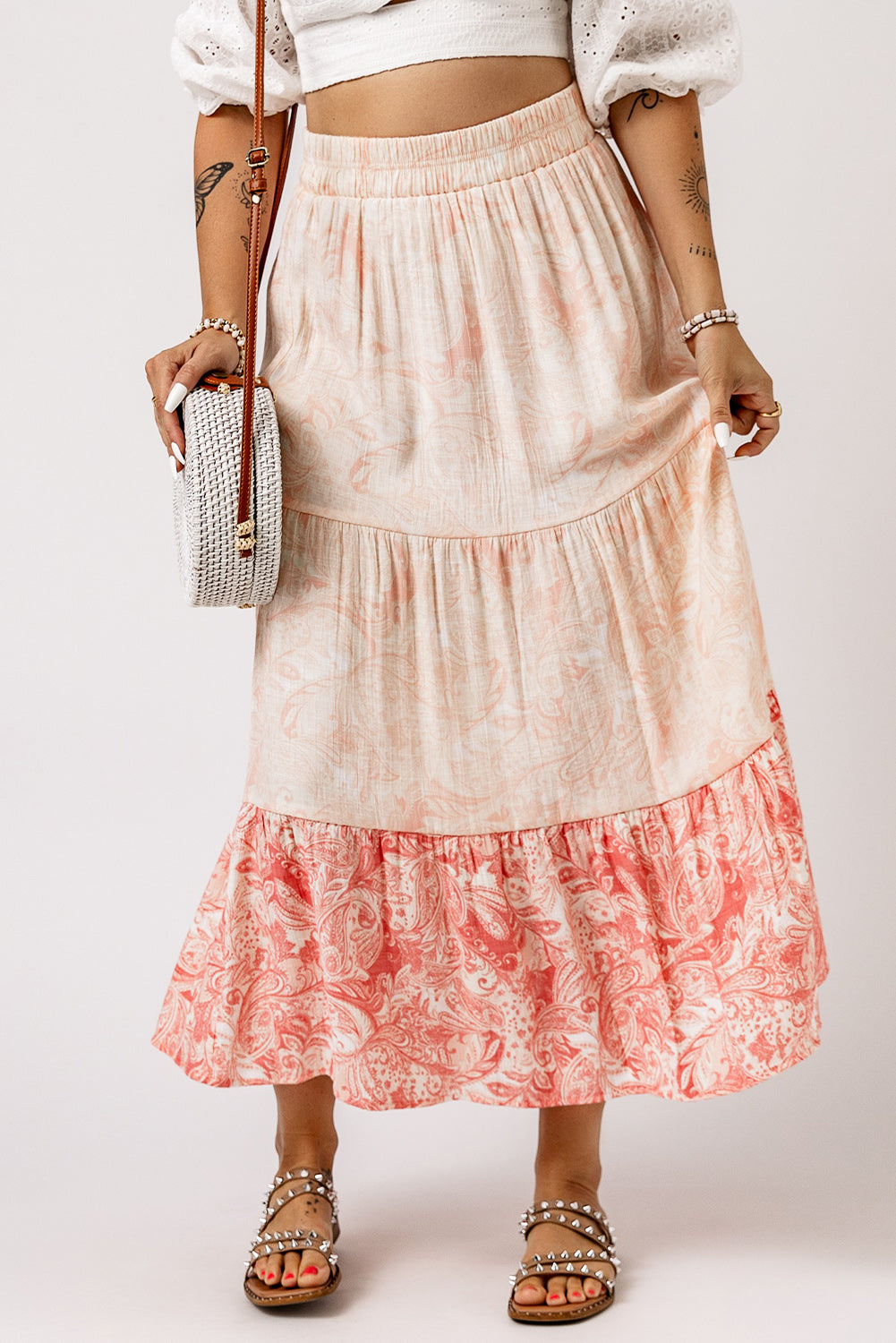 Honeybee Mumford's Pink Floral Print Ruffle Hem Tiered Maxi Skirt