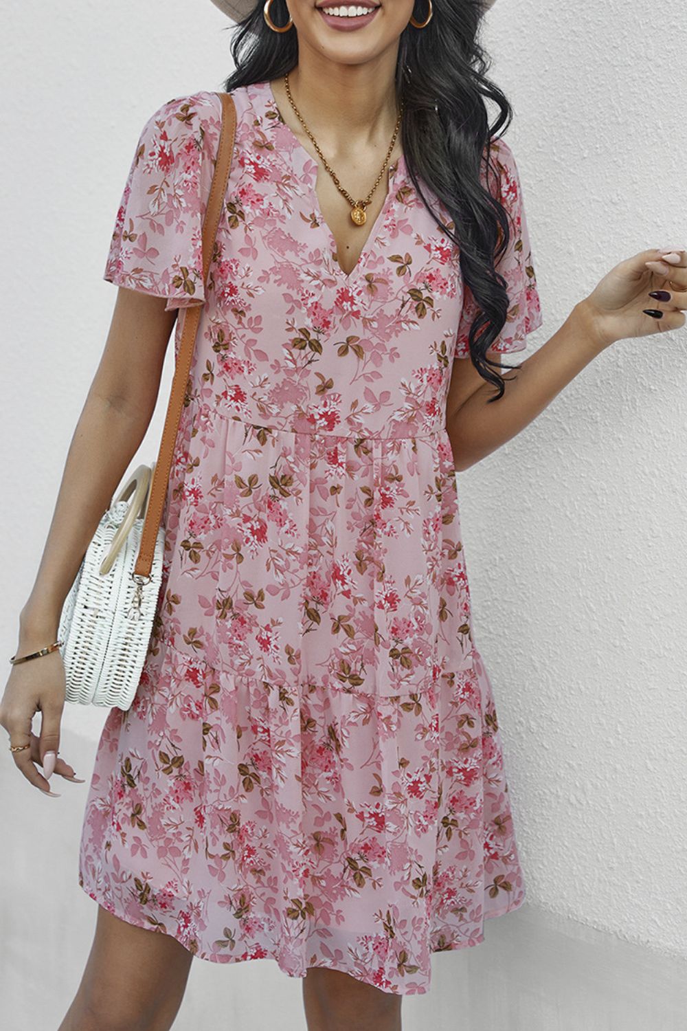 Honeybee Mumford's Floral Notched Flutter Sleeve Mini Dress