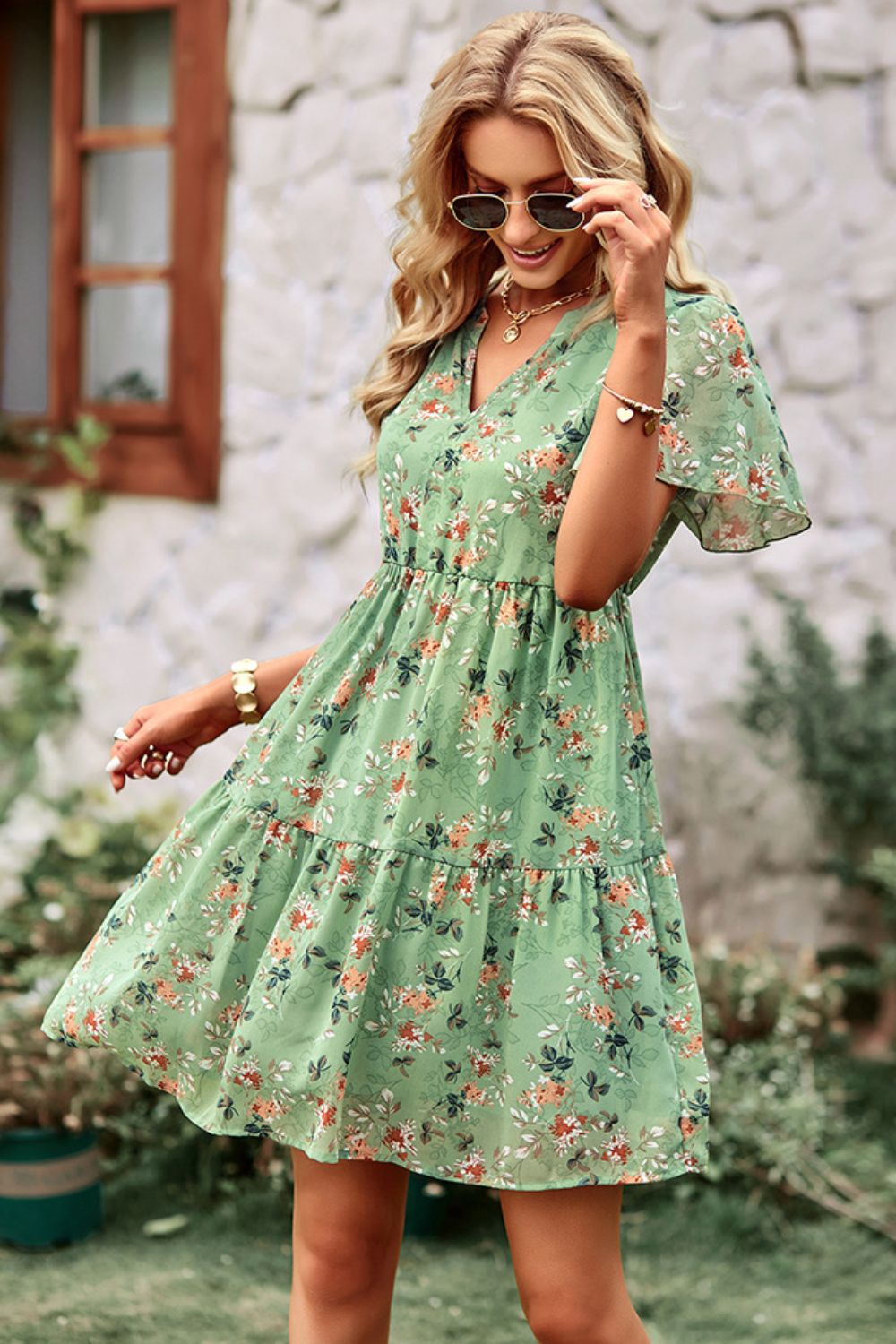 Honeybee Mumford's Floral Notched Flutter Sleeve Mini Dress