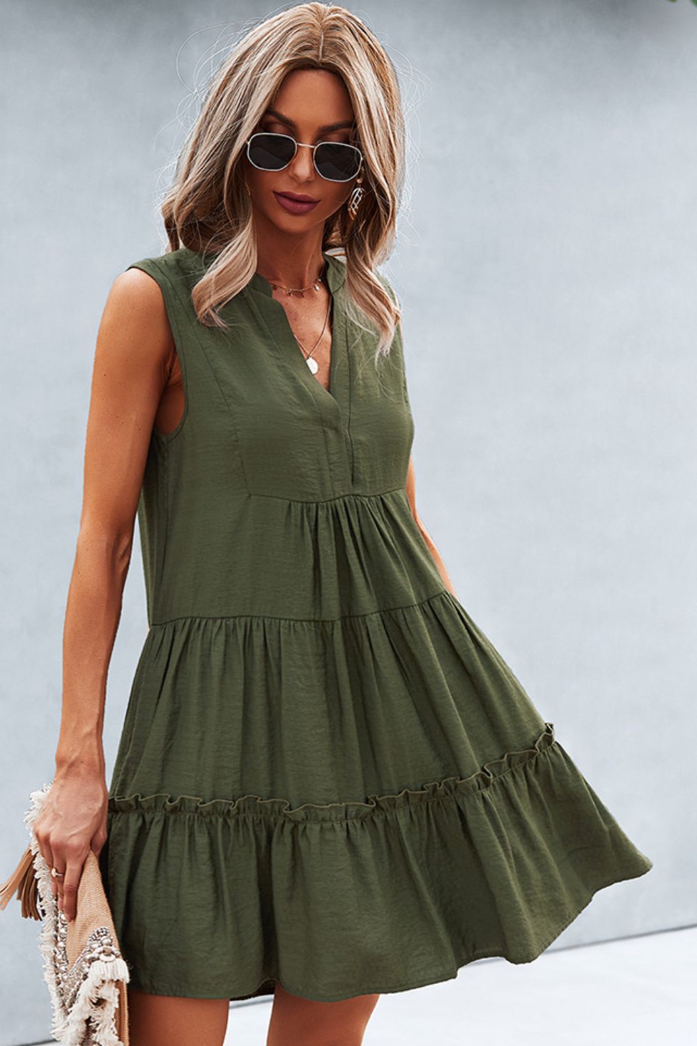 Honeybee Mumford's Frill Trim Notched Sleeveless Tiered Dress