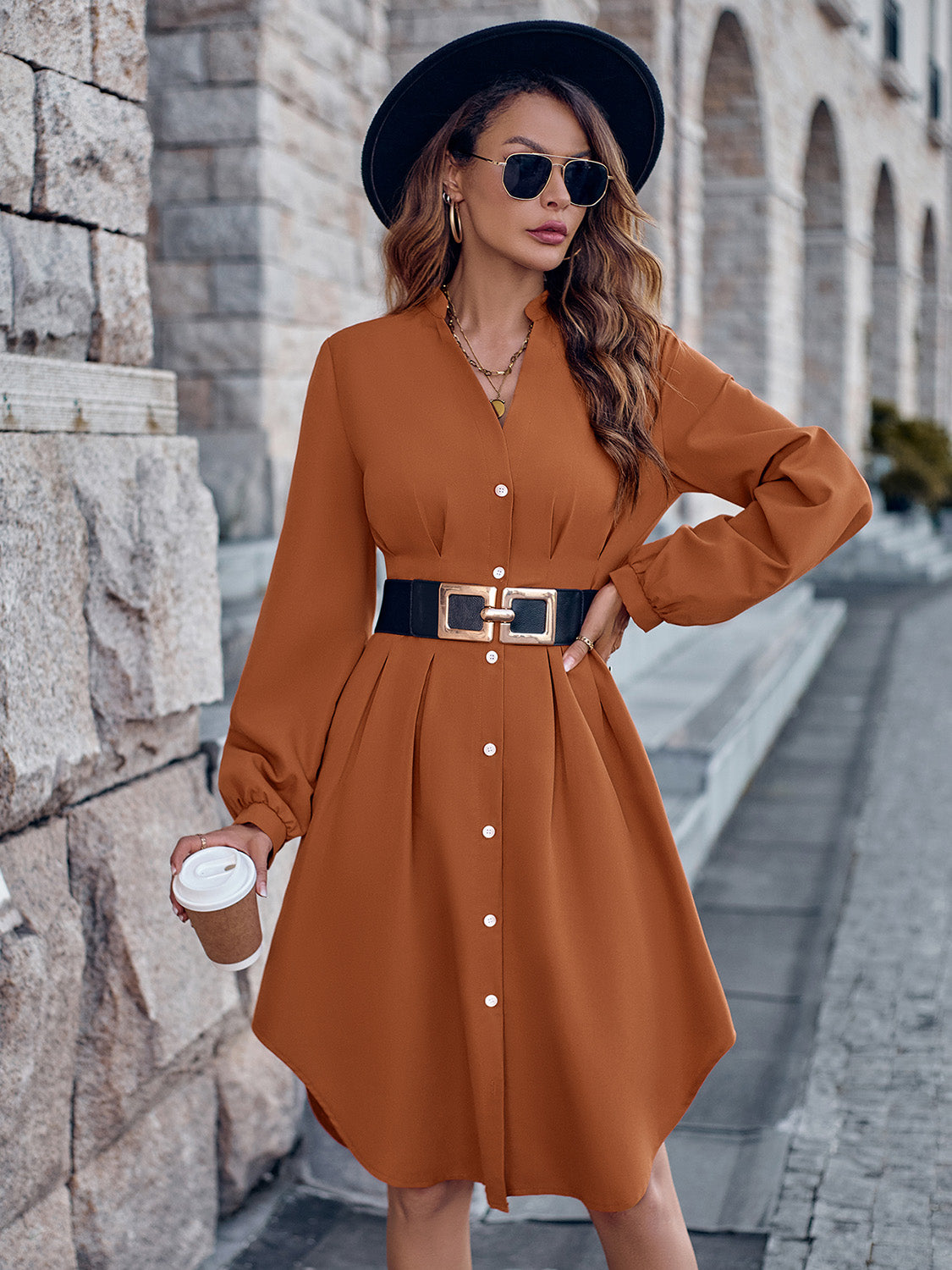 Honeybee Mumford's Notched Neck Long Sleeve Dress