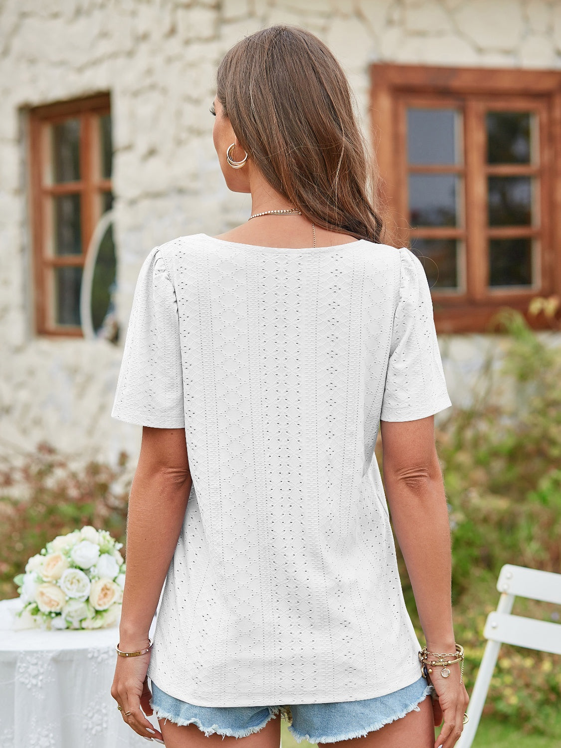 Honeybee Mumford's Eyelet Square Neck Short Sleeve Blouse