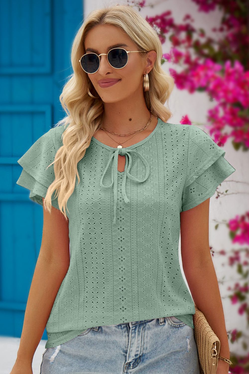 Honeybee Mumford's Eyelet Tie-Neck Flutter Sleeve Blouse