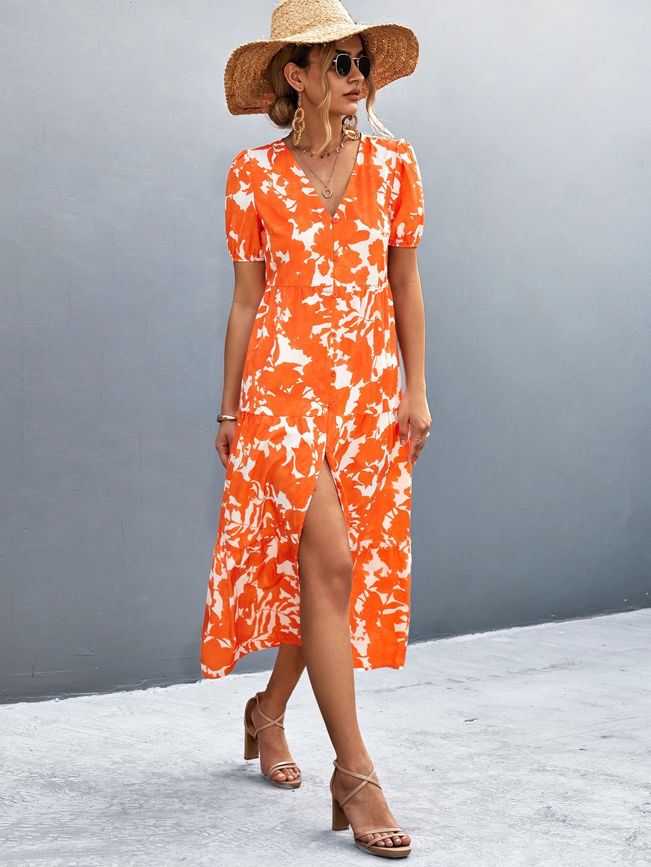 Honeybee Mumford's V-Neck Short Sleeve High Slit Midi Dress