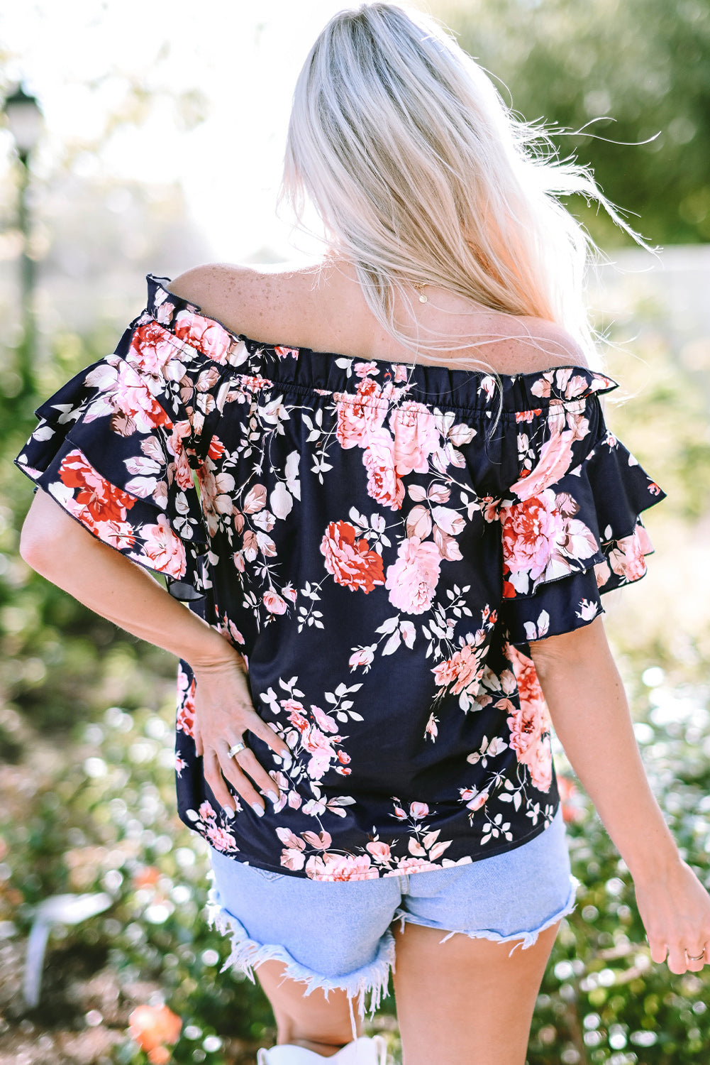 honeybee Mumford's Blue Ruffle Off Shoulder Flounce Sleeve Floral Blouse