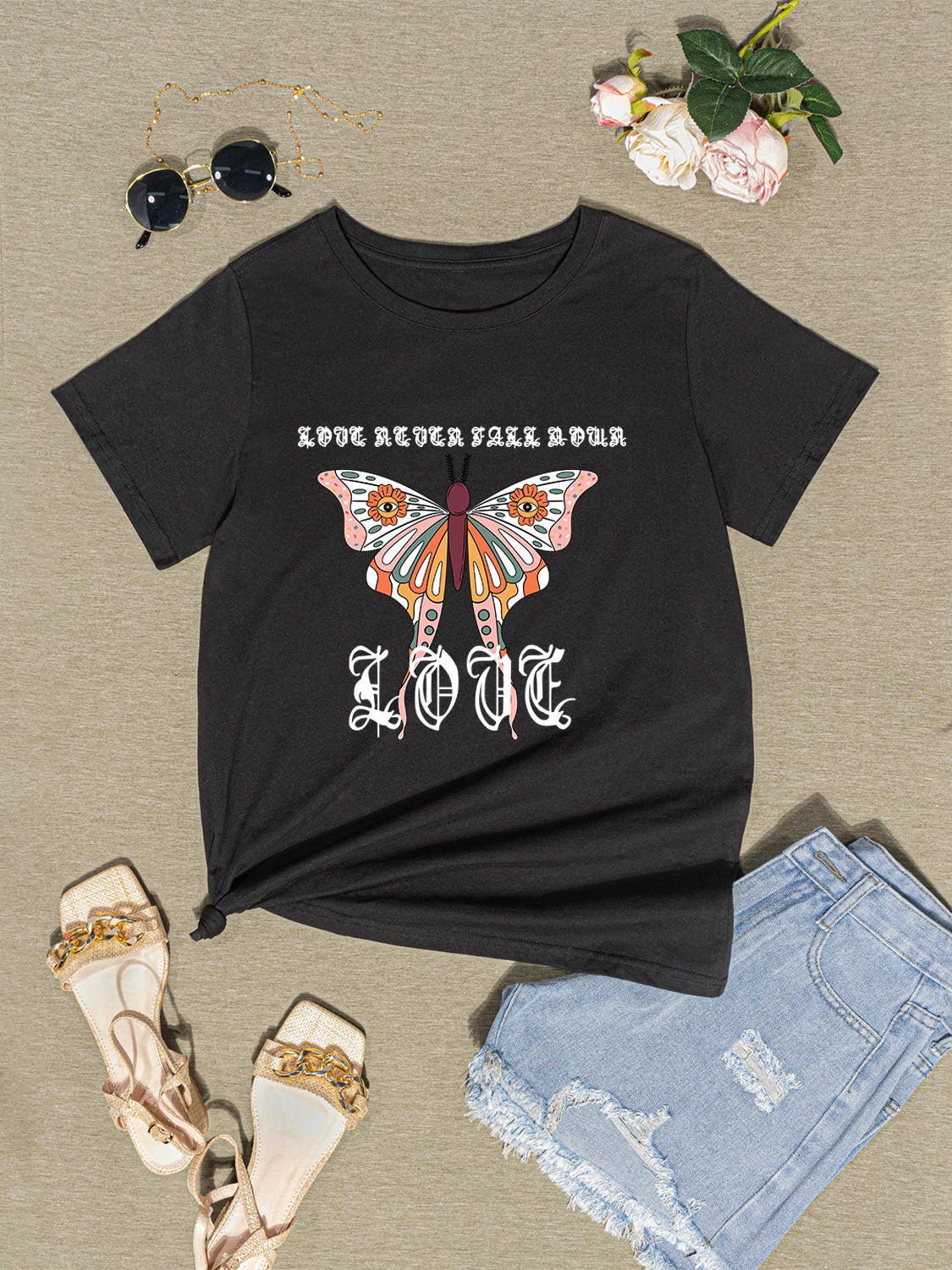 honeybee Mumford's Graphic Butterfly Short Sleeve T-Shirt w/ Round Neck in Dark Gray , Black , White