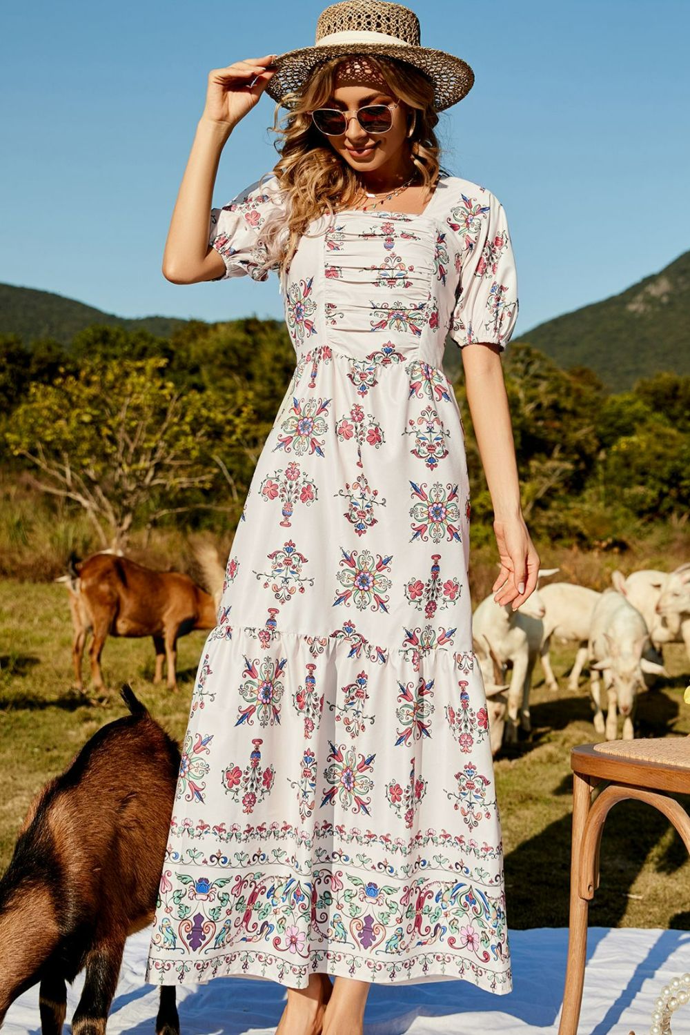 Honeybee Mumford's Casual Floral Ruched Puff Sleeve Tiered Maxi Dress