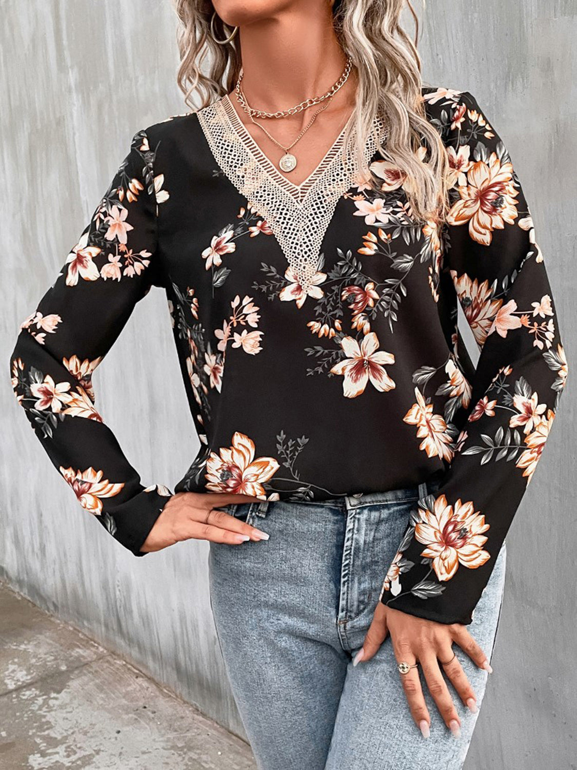 Honeybee Mumford's Printed V-Neck Long Sleeve Blouse