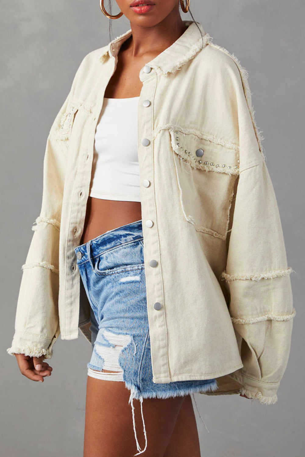 Honeybee Mumford's White Frayed Exposed Seam Denim Jacket