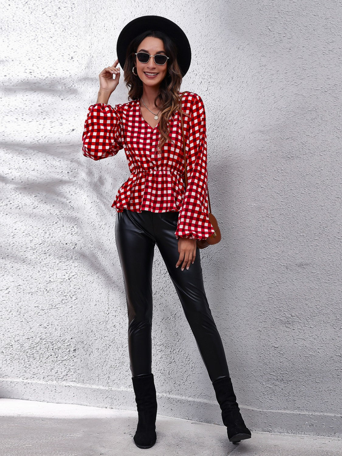 Honeybee Mumford's Plaid V-Neck Balloon Sleeve Peplum Blouse