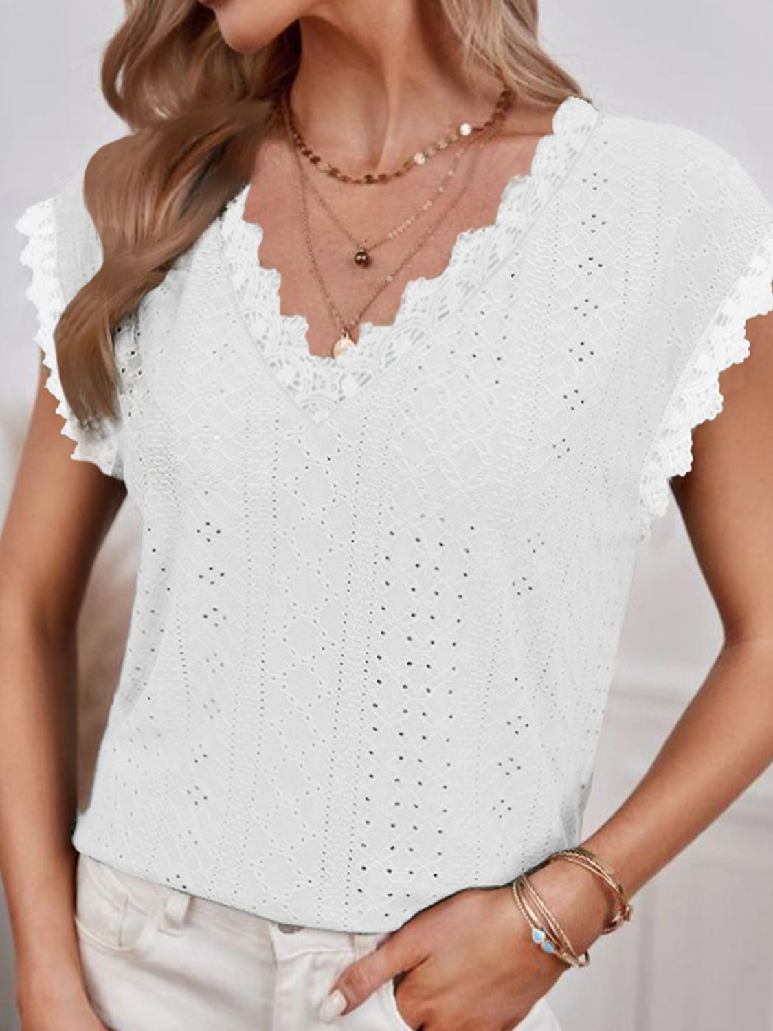 Honeybee Mumford's V-Neck Eyelet Short Sleeve Top