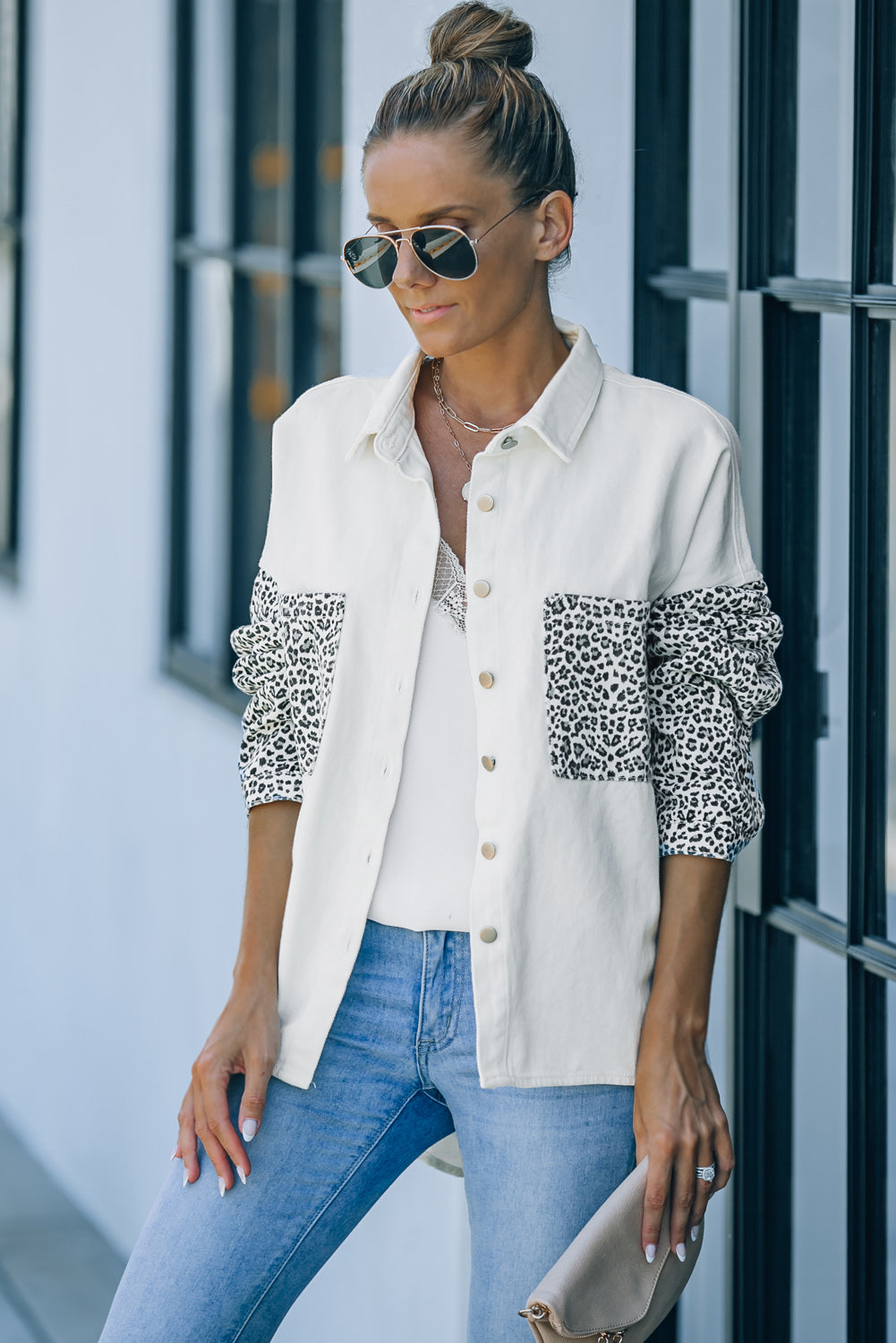 Honeybee Mumford's White Contrast Leopard Denim Jacket