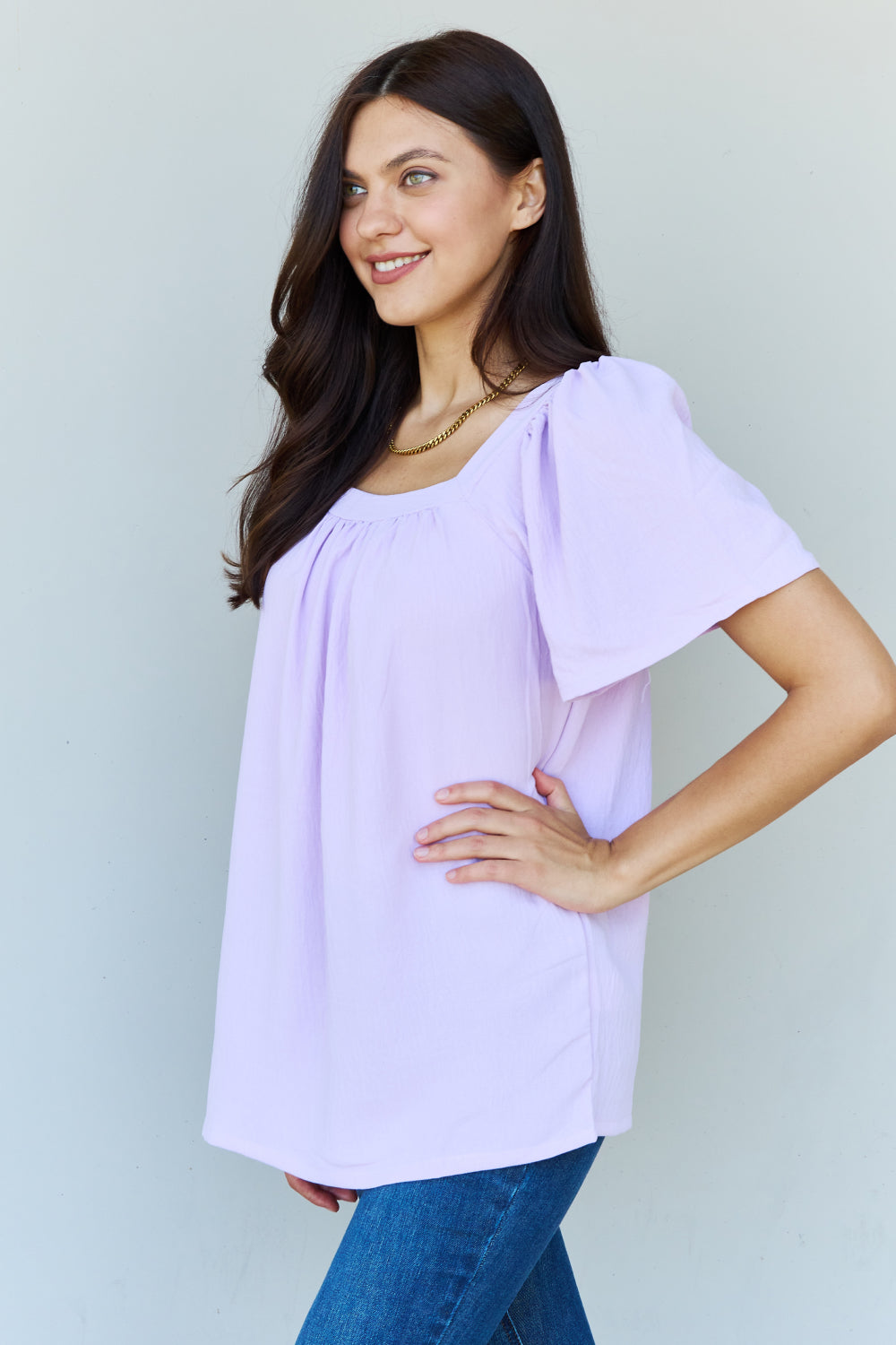 Honeybee Mumford's Keep Me Close Square Neck Short Sleeve Blouse in Lavender