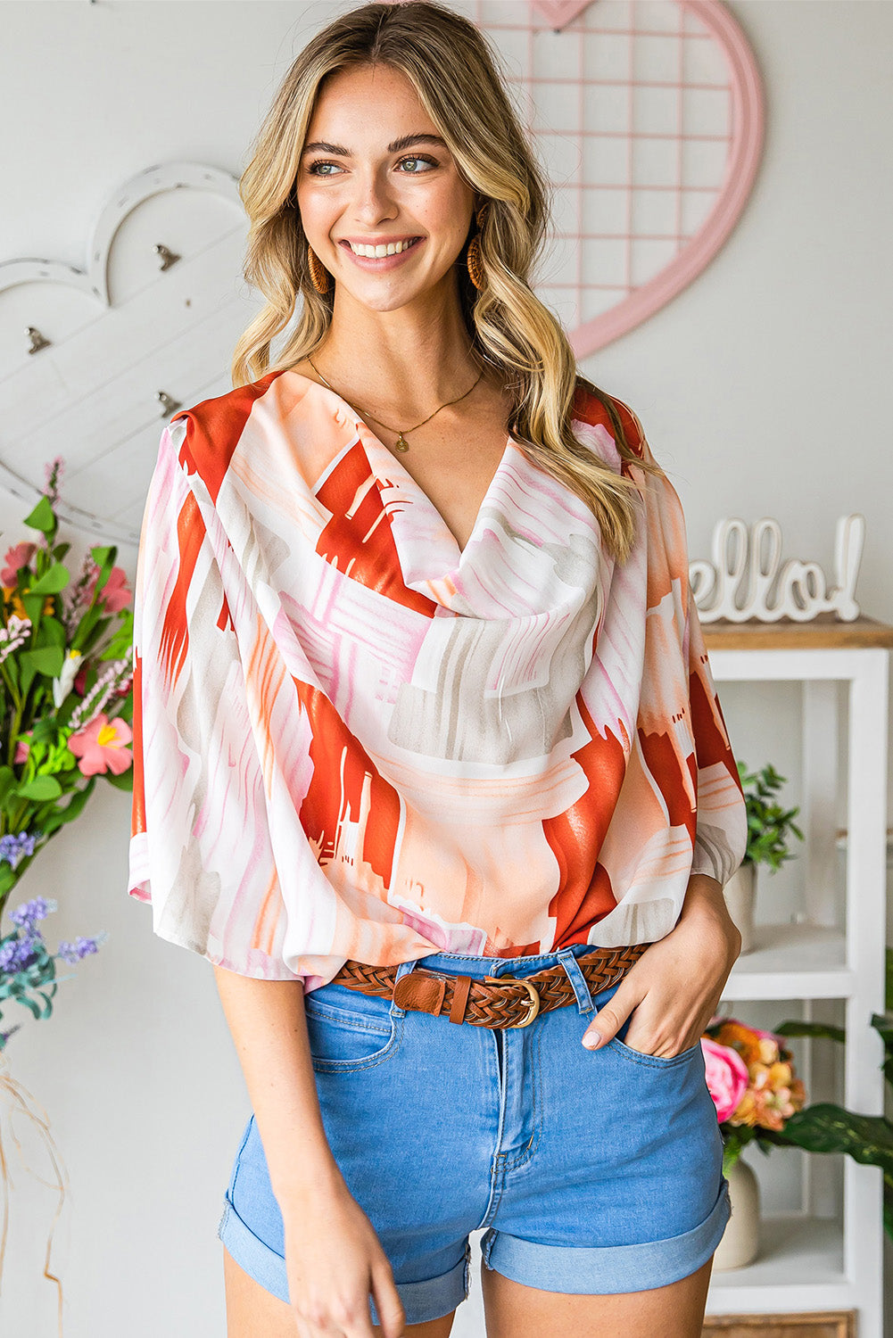 Honeybee Mumford's Printed Cowl Neck Half Sleeve Blouse