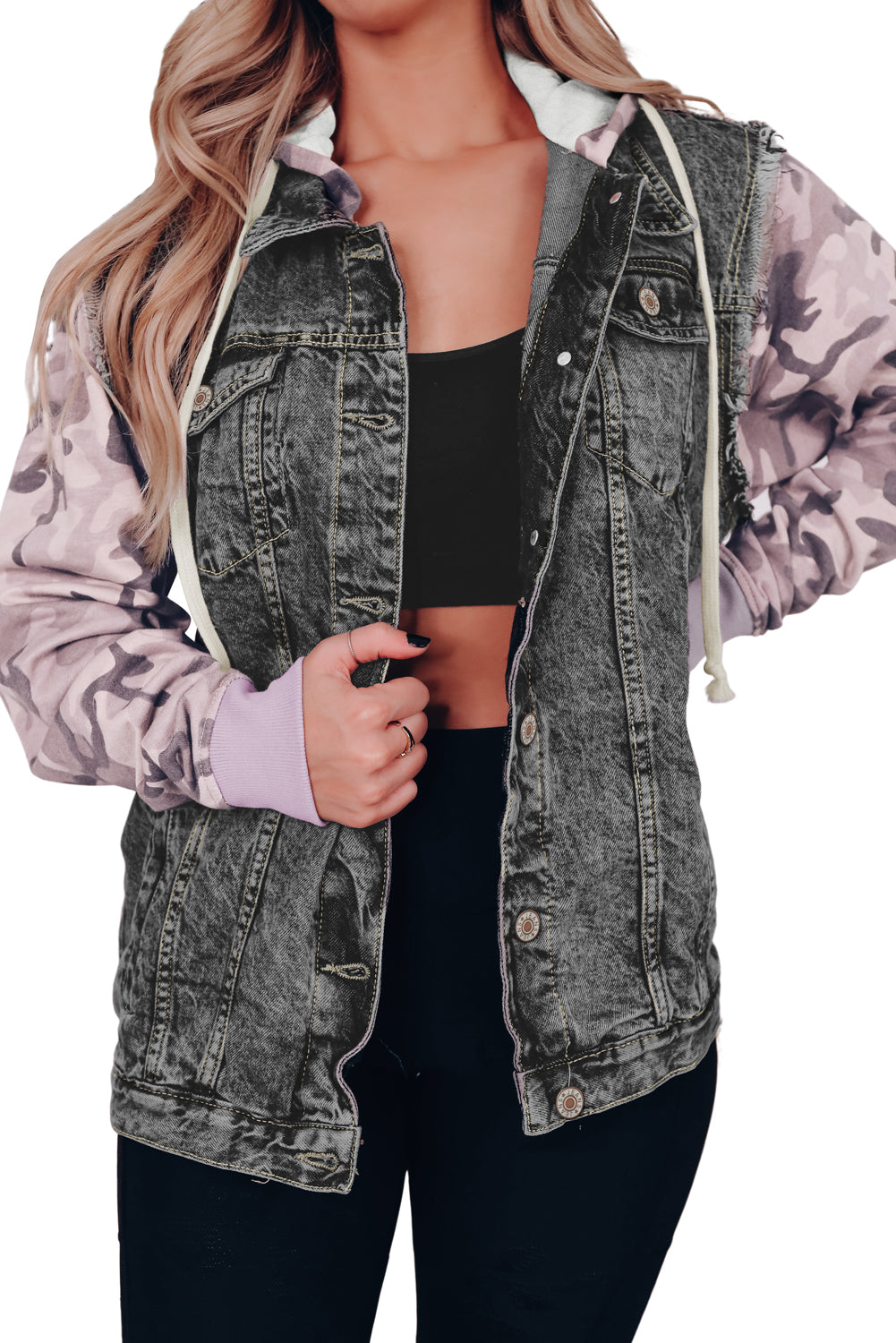 Honeybee Mumford's Black Camo Sleeve Hooded Buttoned Denim Jacket