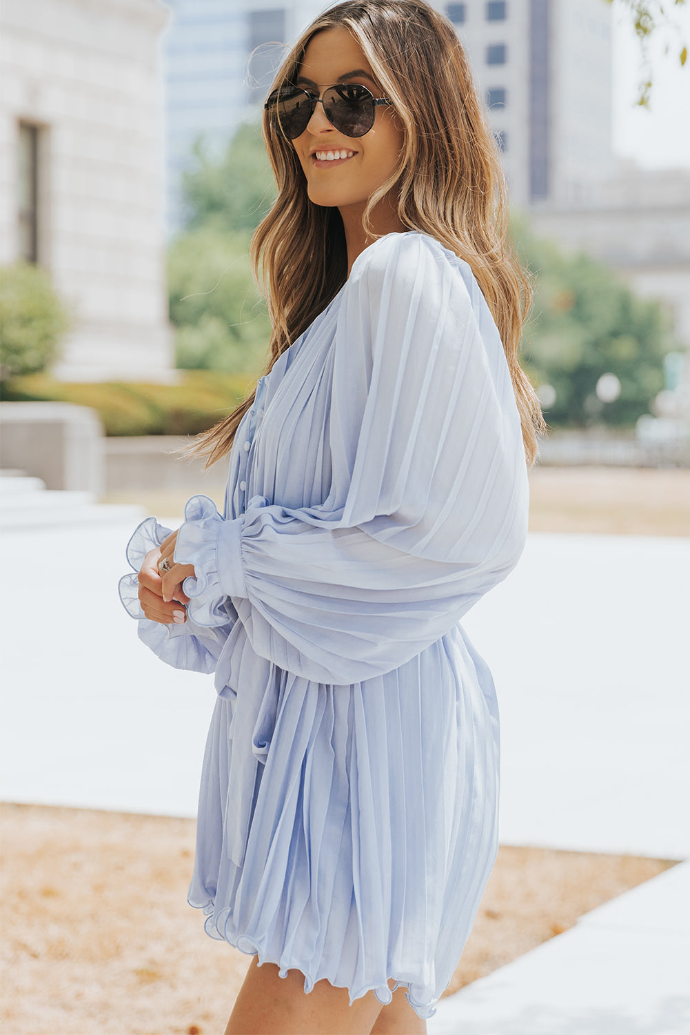 Honeybee Mumford's Sky Blue Pleated Ruffled Tie Waist Buttons V Neck Romper