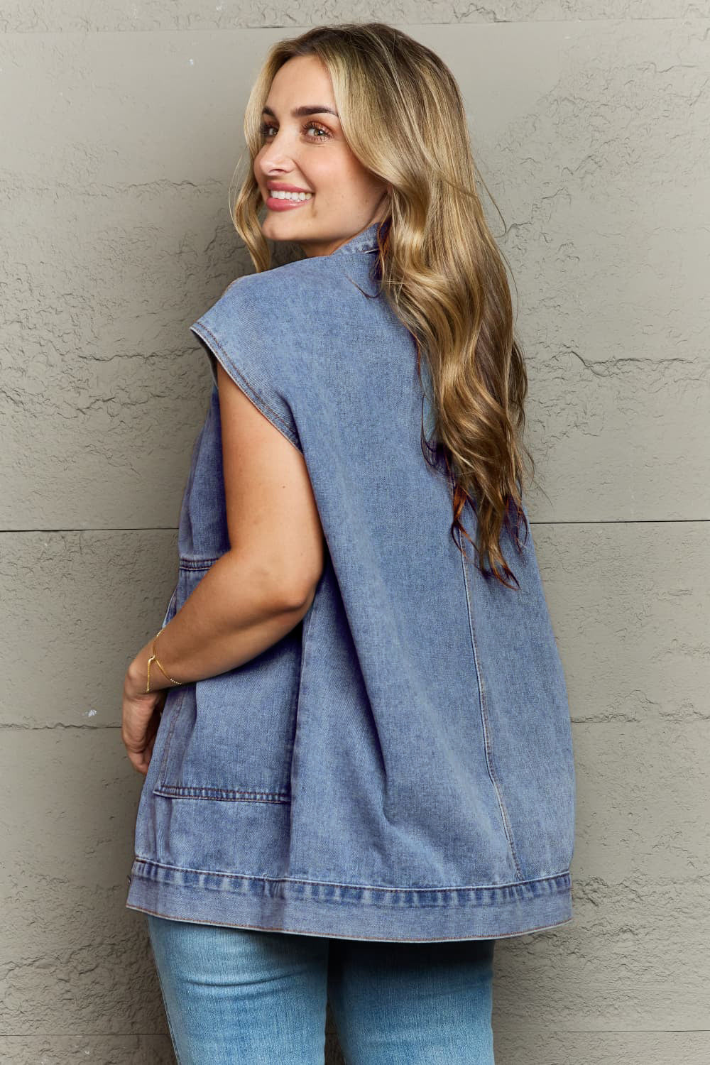 Honeybee Mumford's Collared Neck Sleeveless Denim Top with Pockets