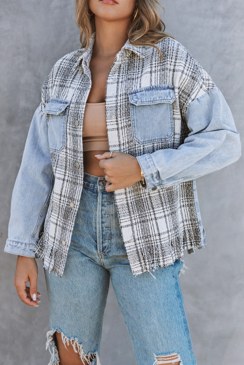 Honeybee Mumford's Sky Blue Plaid Patchwork Fringed Flap Pockets Denim Jacket