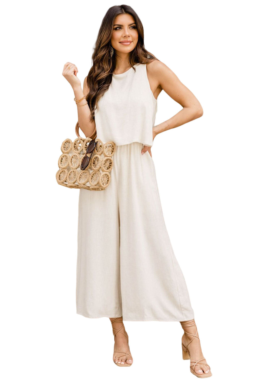 honeybee Mumford's Apricot Sleeveless Ankle Length Wide Leg Jumpsuit