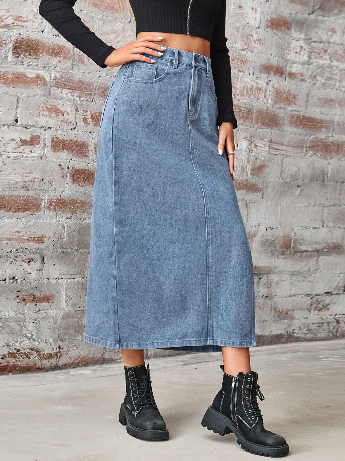 Honeybee Mumford's Slit High Waist Denim Skirt with Pockets