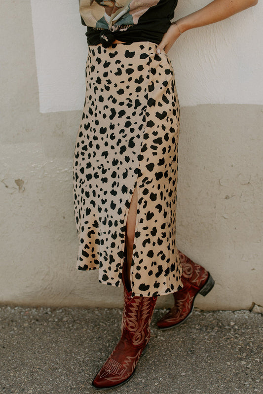 Honeybee Mumford's Khaki Leopard Spots Printed Split Hem Midi Skirt