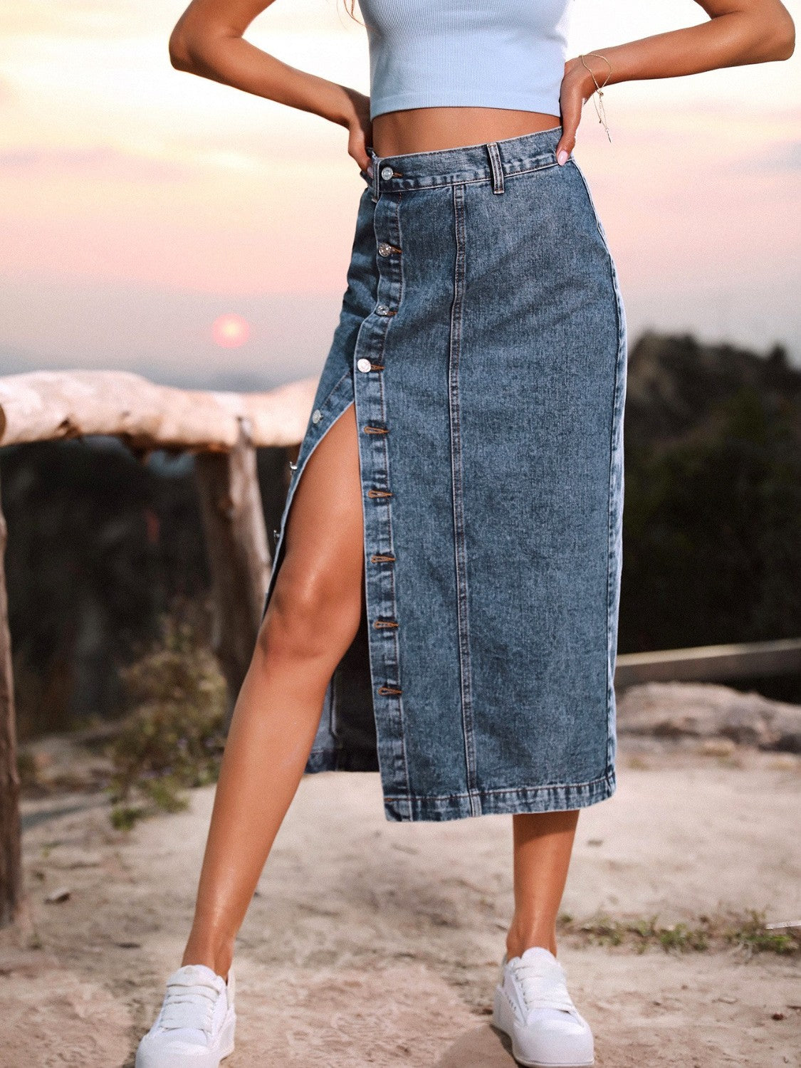 Honeybee Mumford's Button-Down Denim Skirt in Sky Blue, Navy and more