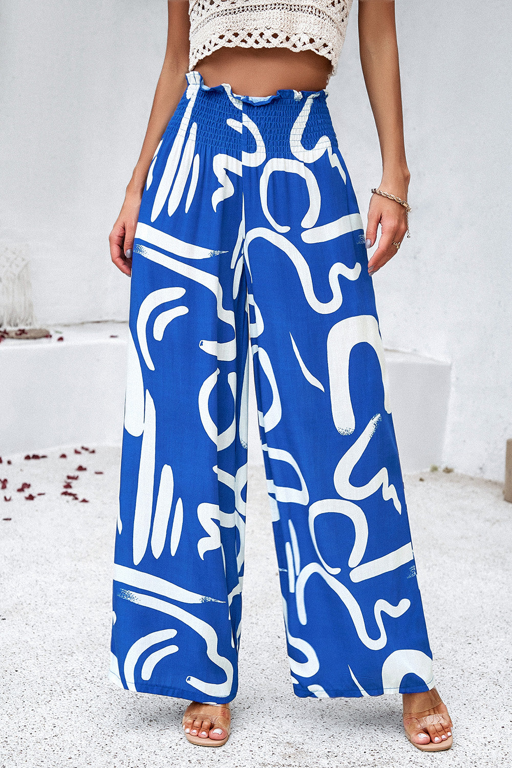 Honeybee Mumford's Smocked Printed Wide Leg Pants with Pockets