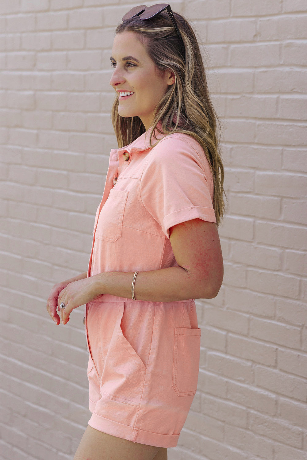 Honeybee Mumford's Pink Pocketed Button Down Denim Romper