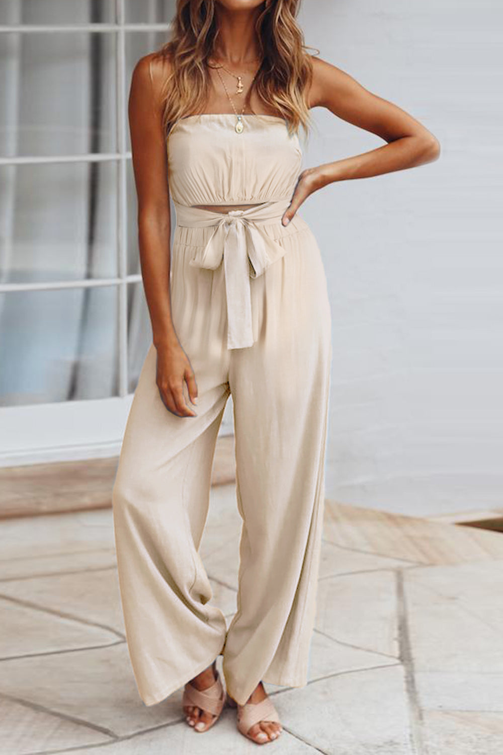 Honeybee Mumford's Tied Cutout Tube Wide Leg Jumpsuit