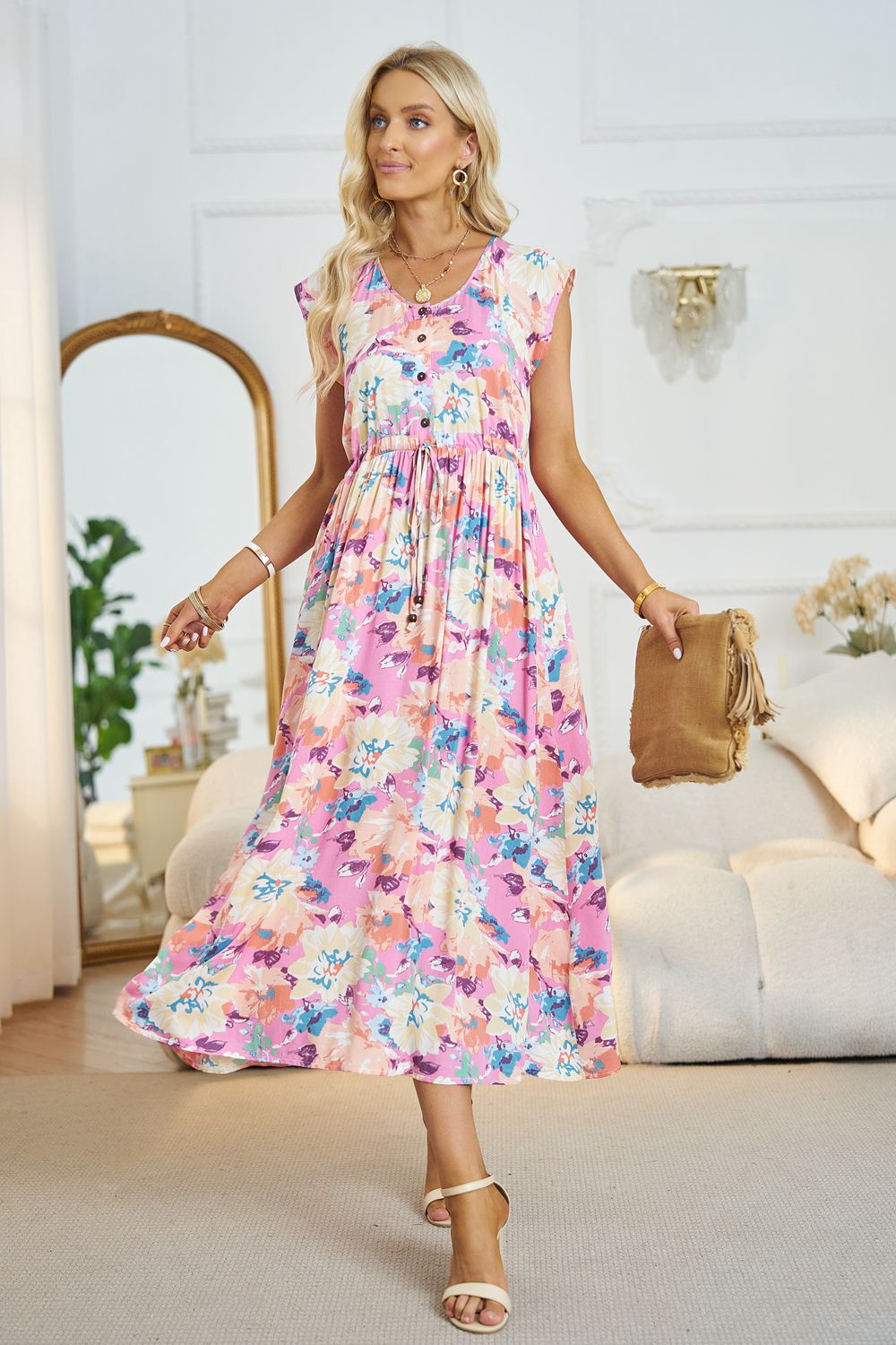 Honeybee Mumford's Floral V-Neck A-Line Midi Dress