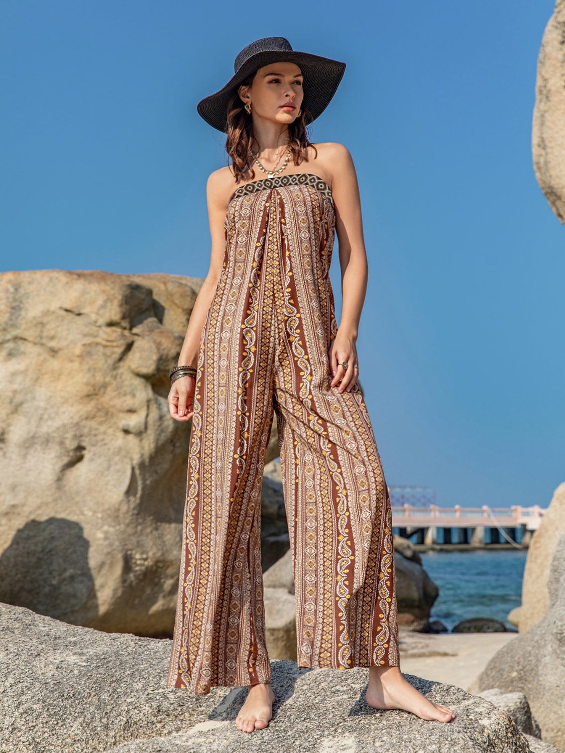 Honeybee Mumford's Tied Printed Tube Wide Leg Jumpsuit