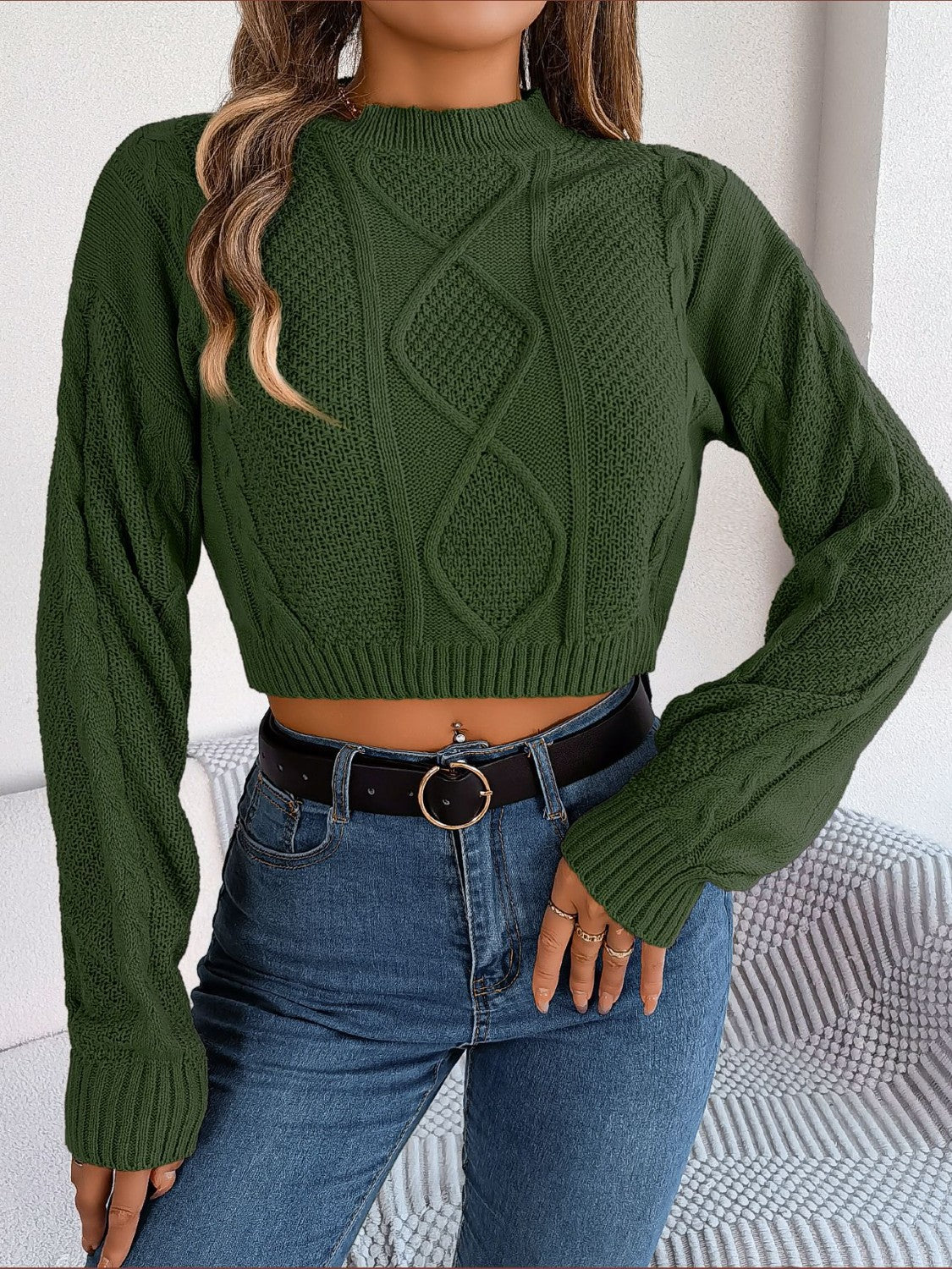 Honeybee Mumford's Cable-Knit Round Neck Cropped Sweater