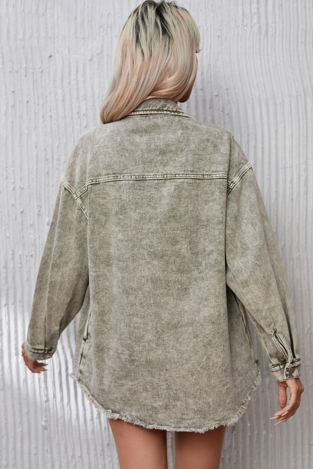 Honeybee Mumford's Sage Green Acid Wash Flap Pocket Raw Hem Tunic Denim Jacket