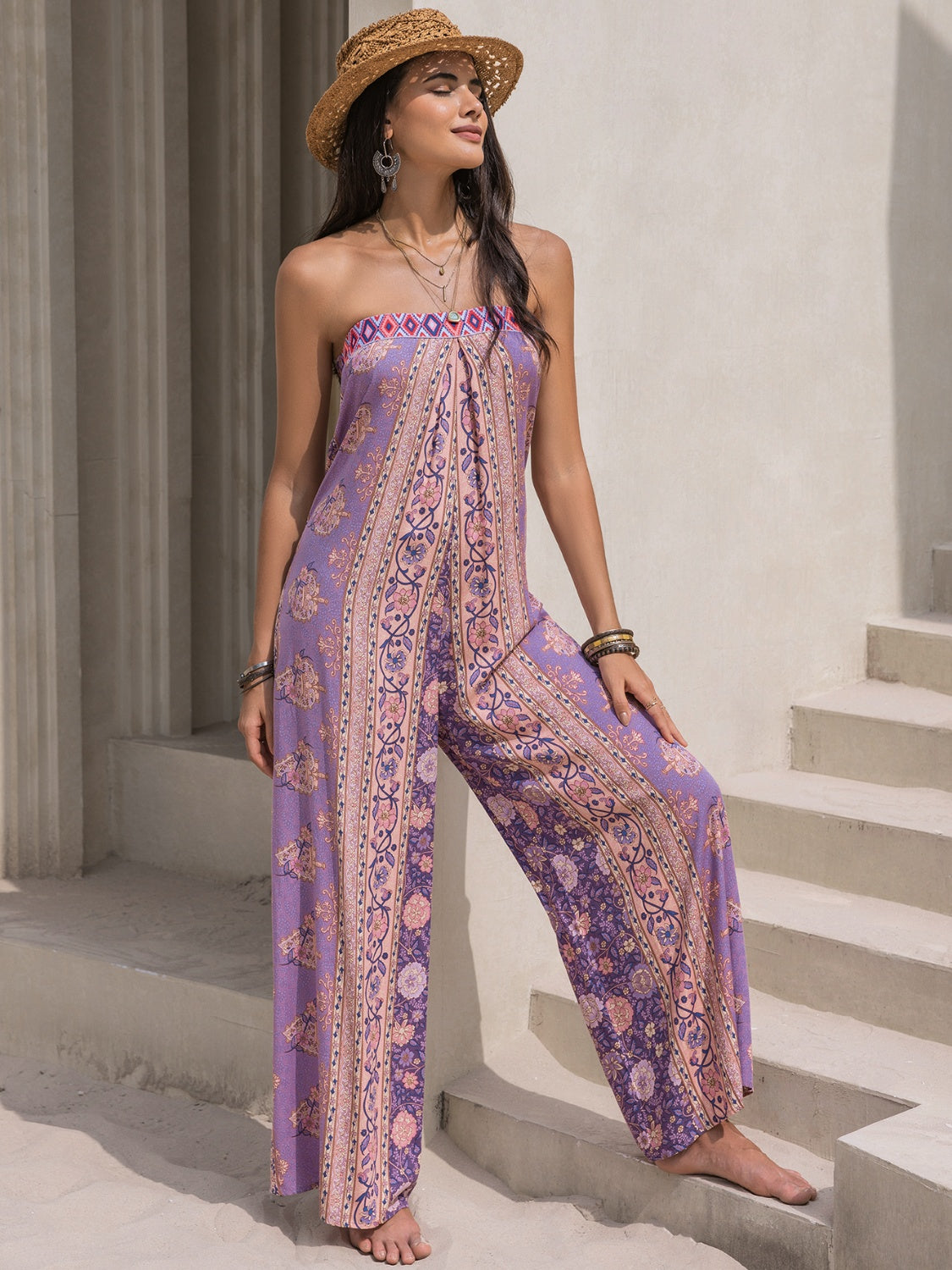 Honeybee Mumford's Tied Printed Tube Wide Leg Jumpsuit