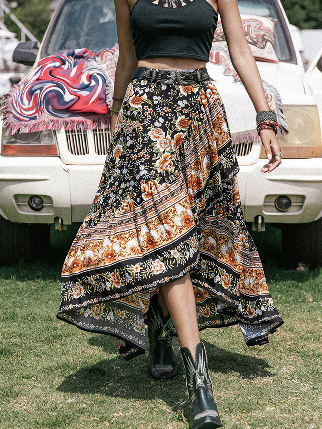 Honeybee Mumford's Printed High-Low Ruffle Hem Skirt