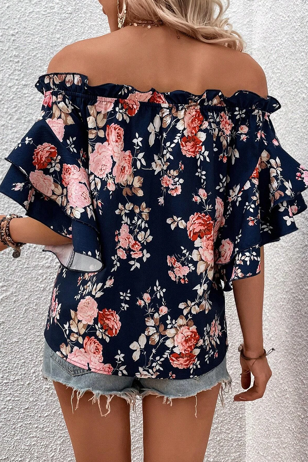 honeybee Mumford's Blue Ruffle Off Shoulder Flounce Sleeve Floral Blouse