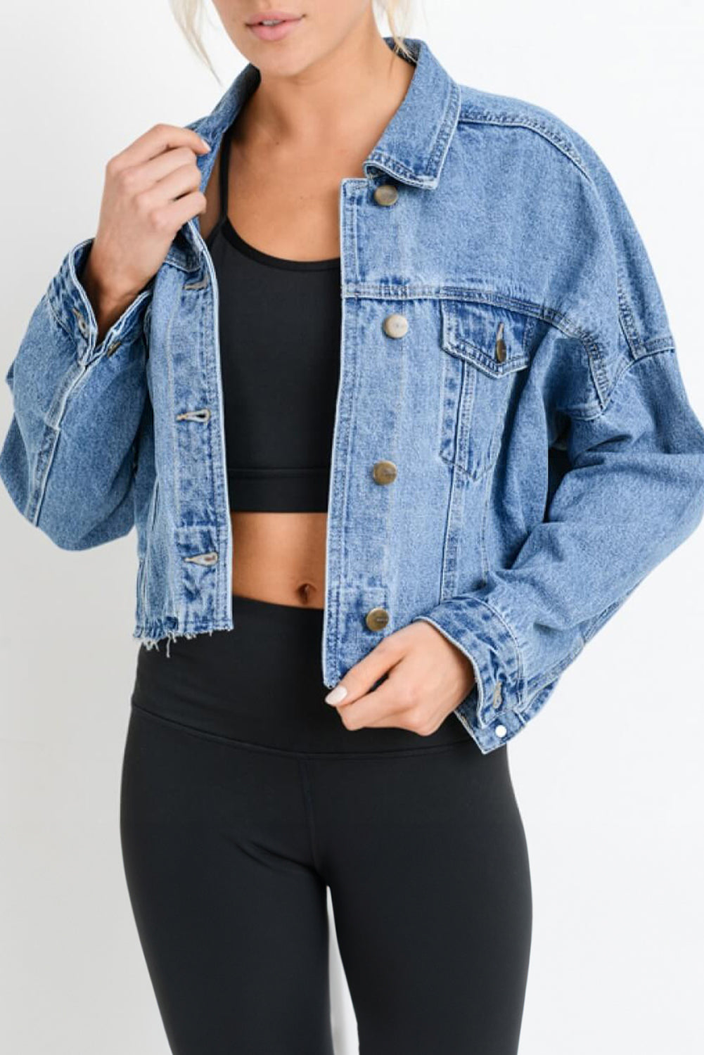 Honeybee Mumford's Sky Blue Medium Wash Chunky Cropped Denim Jacket