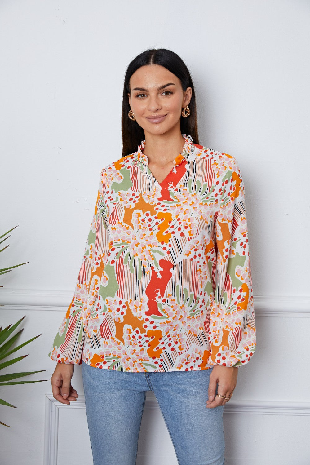 Honeybee Mumford's Floral Frill Notched Long Sleeve Blouse