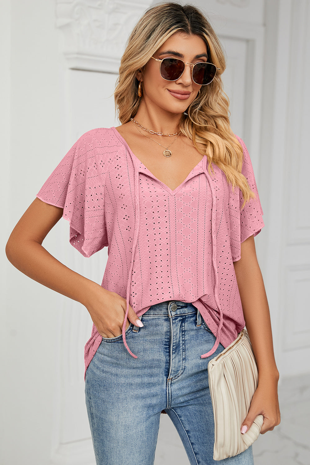 Honeybee Mumford's Eyelet Tie Neck Flutter Sleeve Blouse