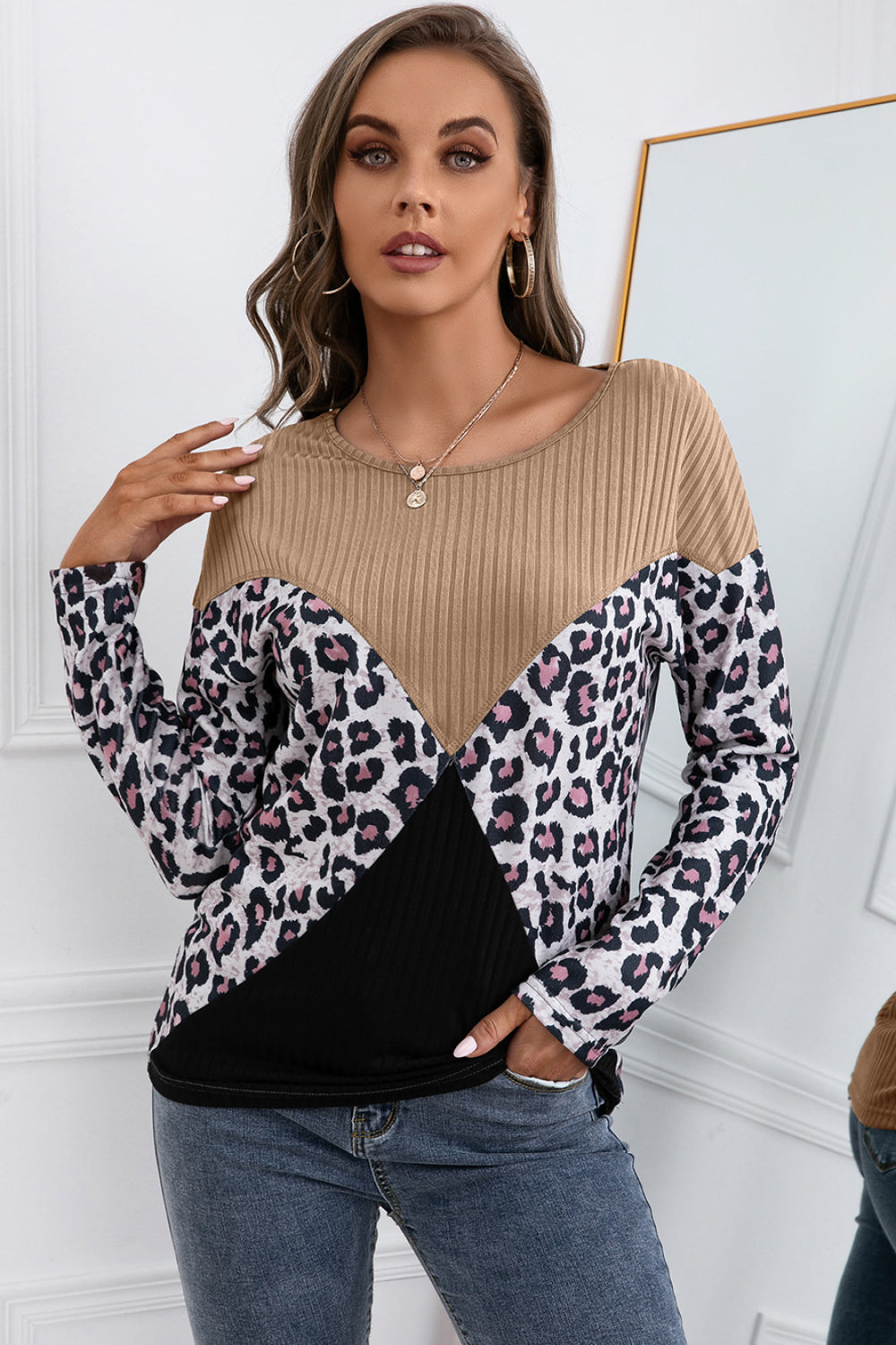 Honeybee Mumford's Leopard Patch Color Block Ribbed Top