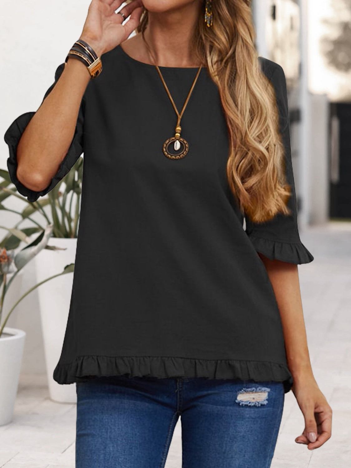 Honeybee Mumford's Ruffled Round Neck Half Sleeve Blouse