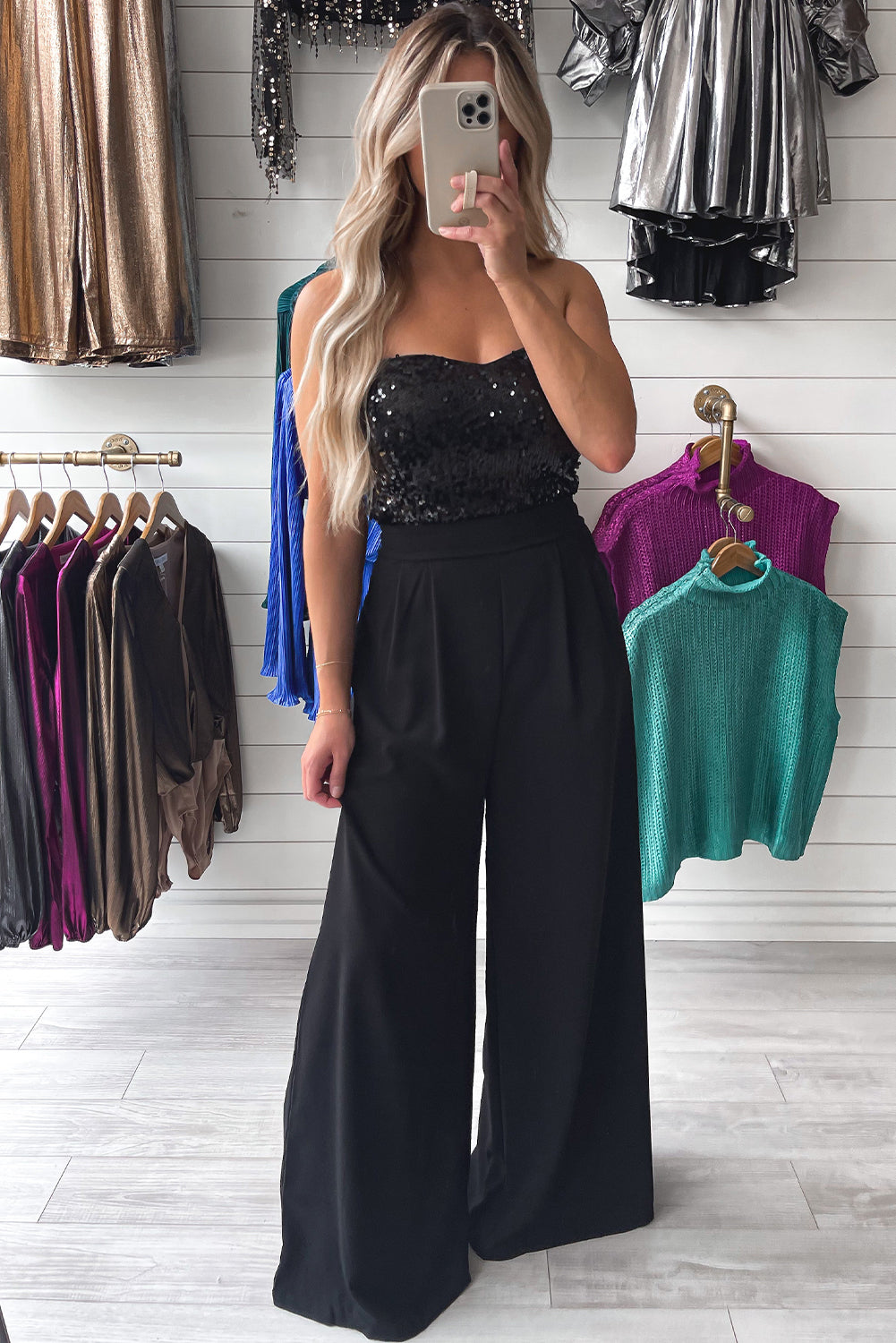 honeybee Mumford's Black Sequin Tube Top Wide Leg Jumpsuit