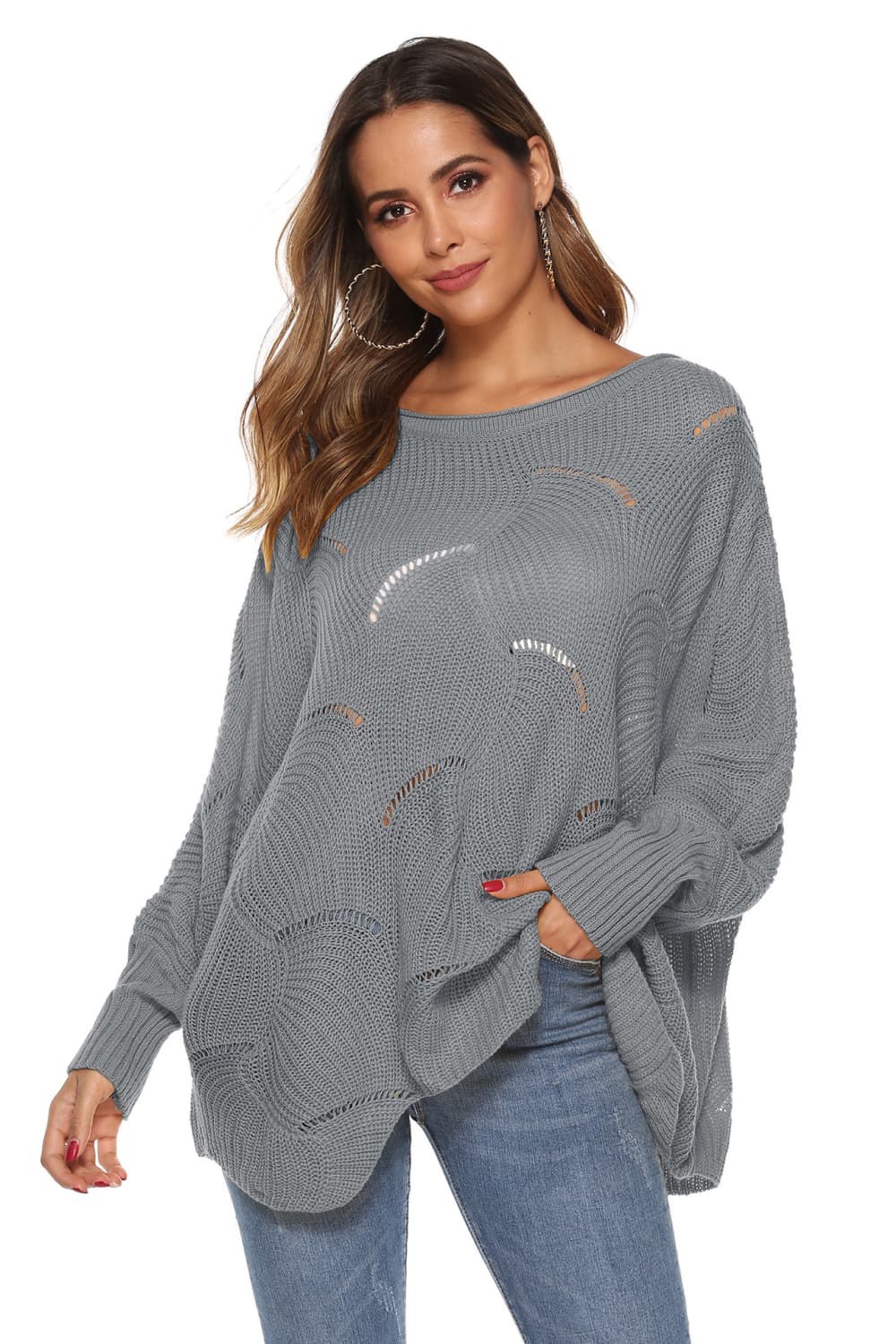 Honeybee Mumford's Round Neck Long Sleeve Openwork Sweater