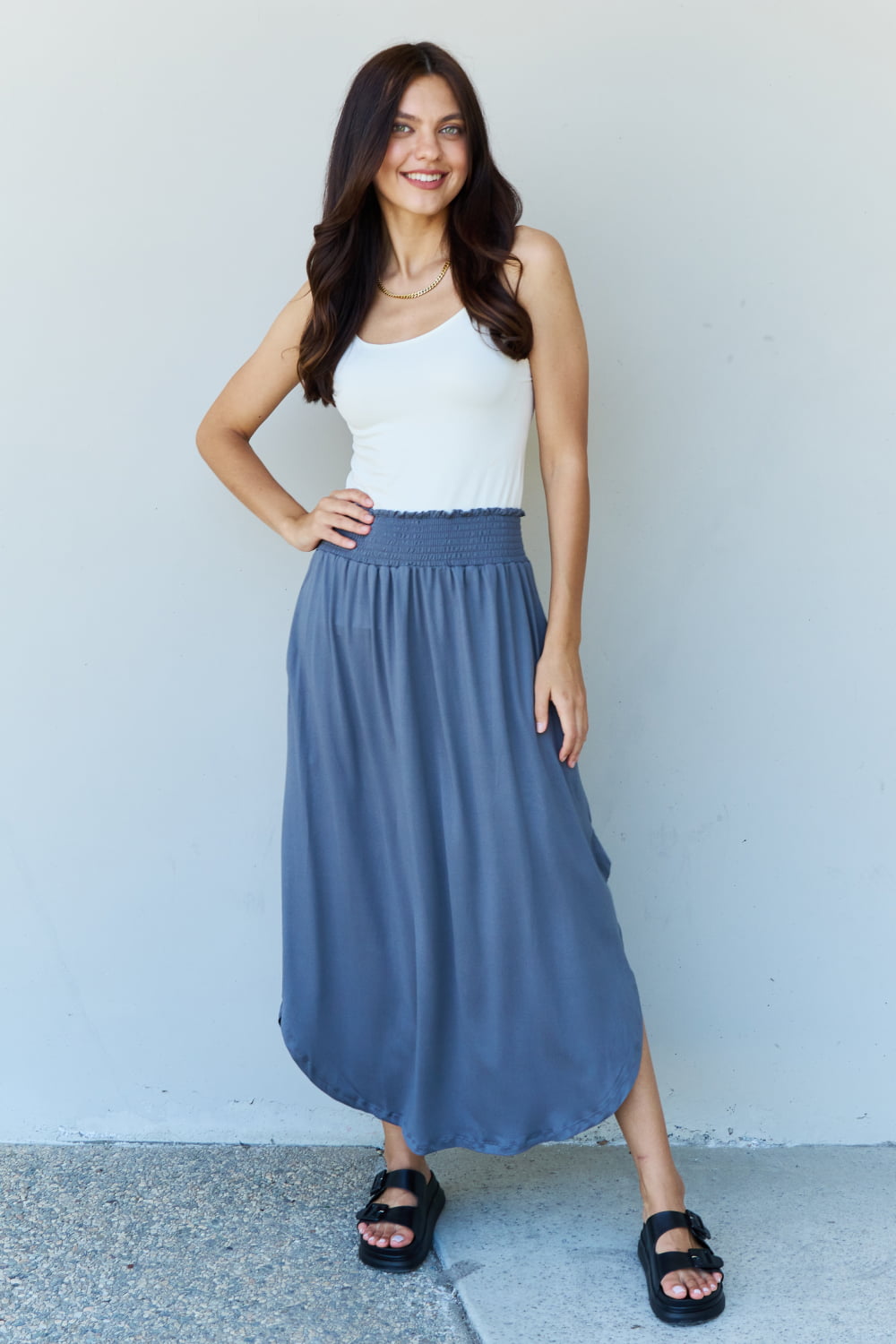 Honeybee Mumford's Full Size High Waist Scoop Hem Maxi Skirt in Dusty Blue