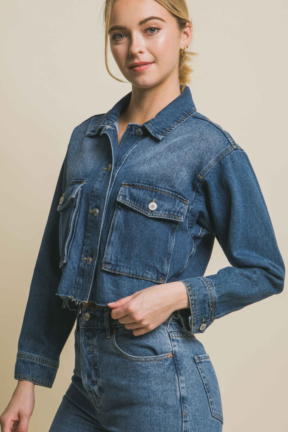 Honeybee Mumford's Love Tree Raw Hem Button Up Cropped Denim Jacket