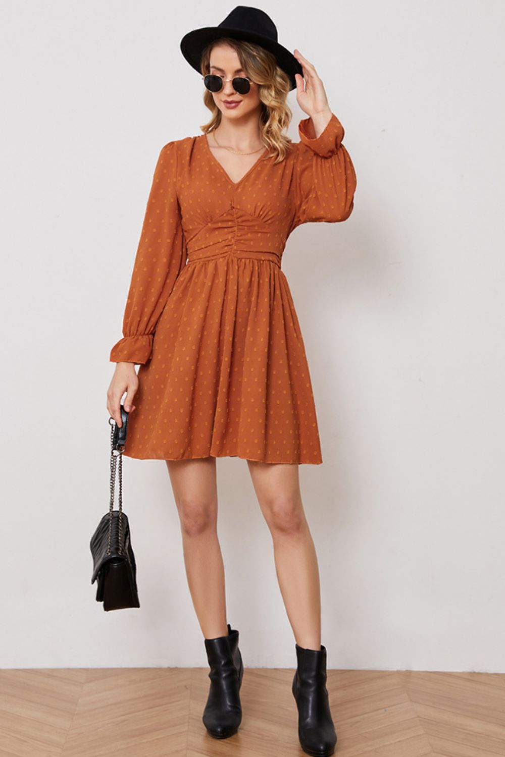 Honeybee Mumford's Swiss Dot Ruched V-Neck Flounce Sleeve Dress