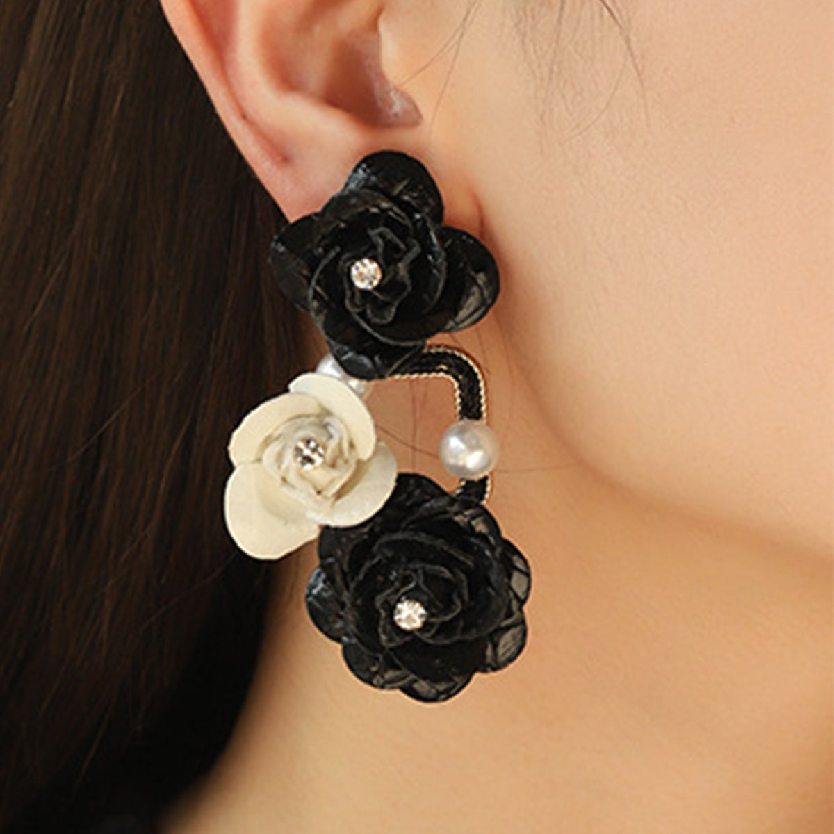 honeybee Mumford's Rhinestone Leather Flower Earrings