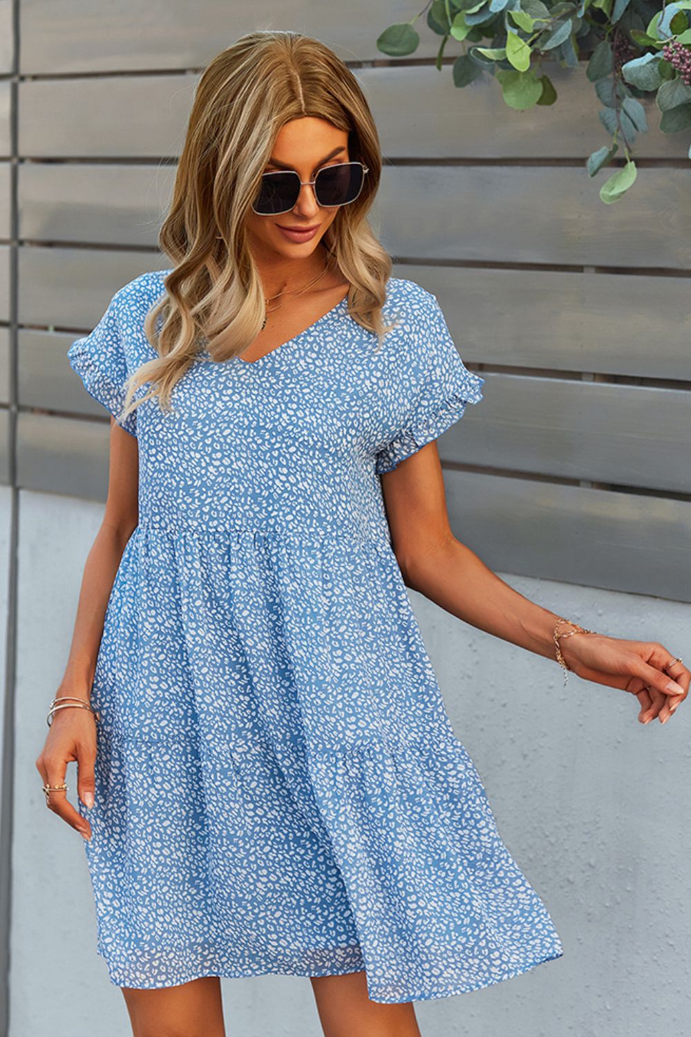 Honeybee Mumford's Printed V-Neck Short Sleeve Tiered Dress