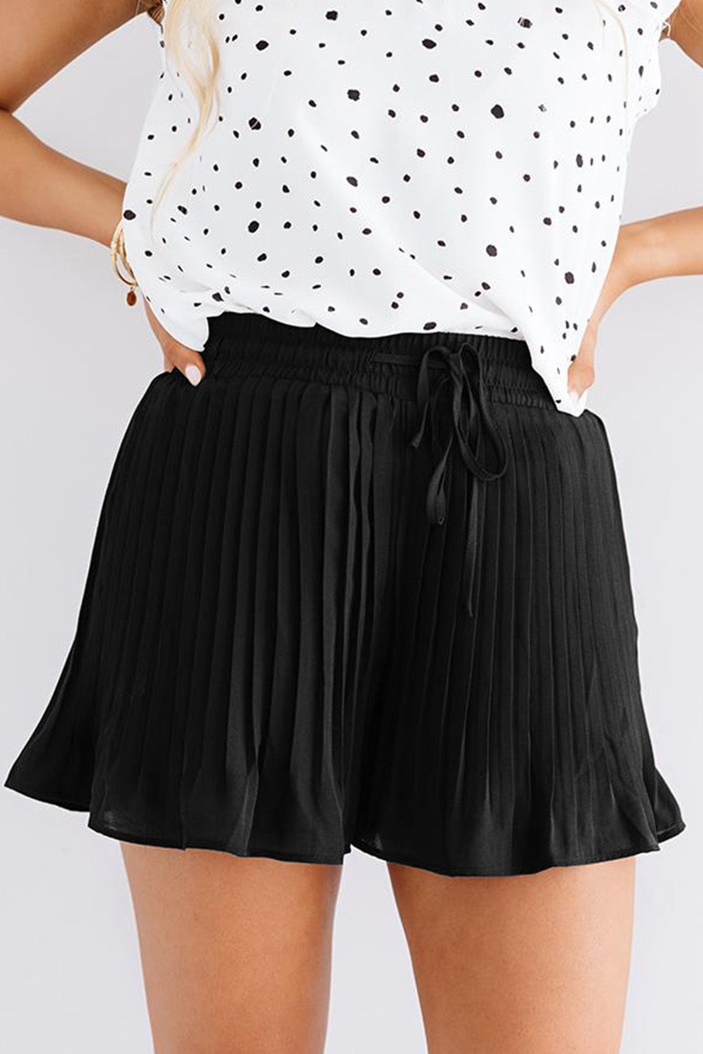 Honeybee Mumford's Black Drawstring Waist Flowy Pleated Shorts